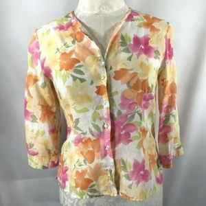 Talbots Petites 6P Linen Shirt Floral 3/4 Sleeves